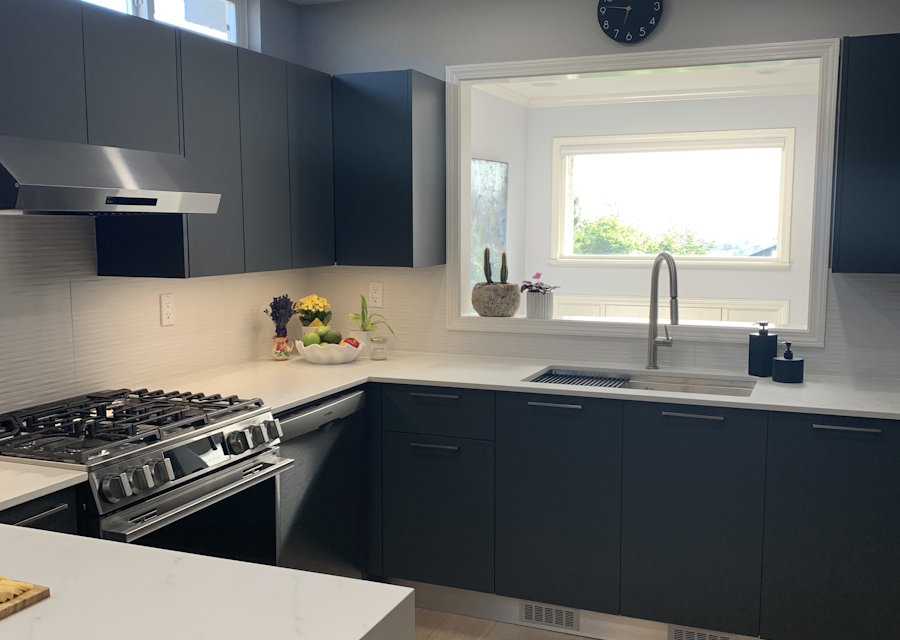 The same kitchen after new doors were fitted: Dated grey to acrylic, North Burnaby
